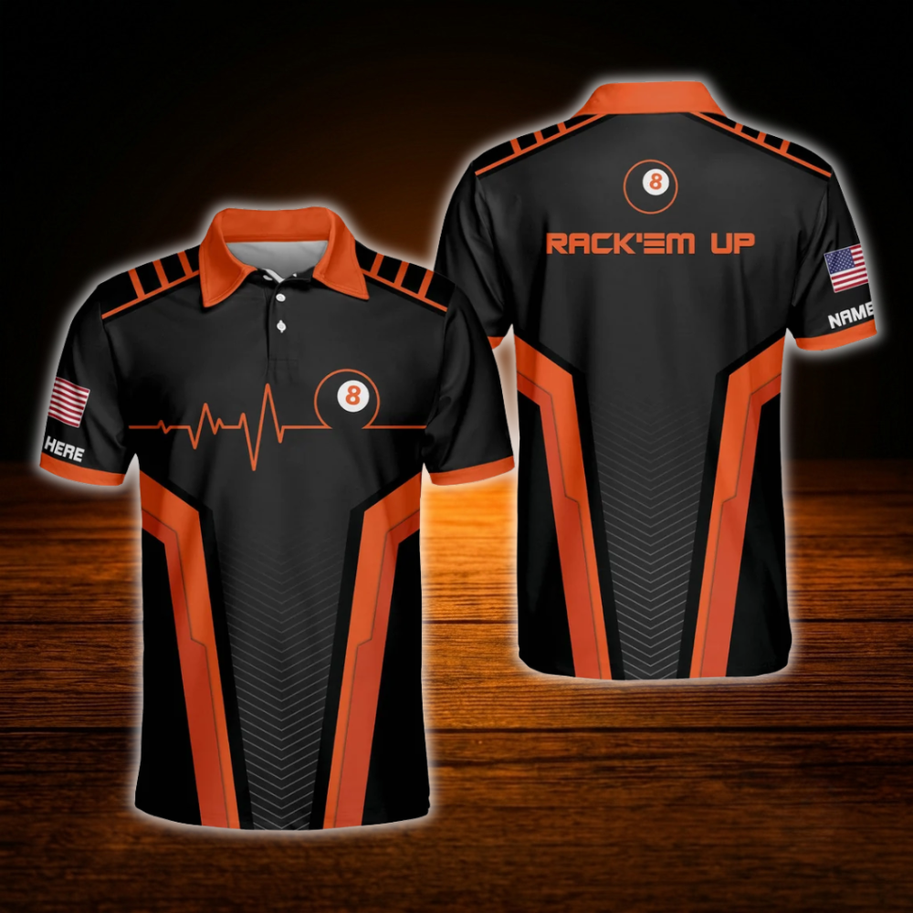 Rack'em Up Custom Orange Black Billiard Polo Shirt For Men, Custom Name Billiard Player Shirt