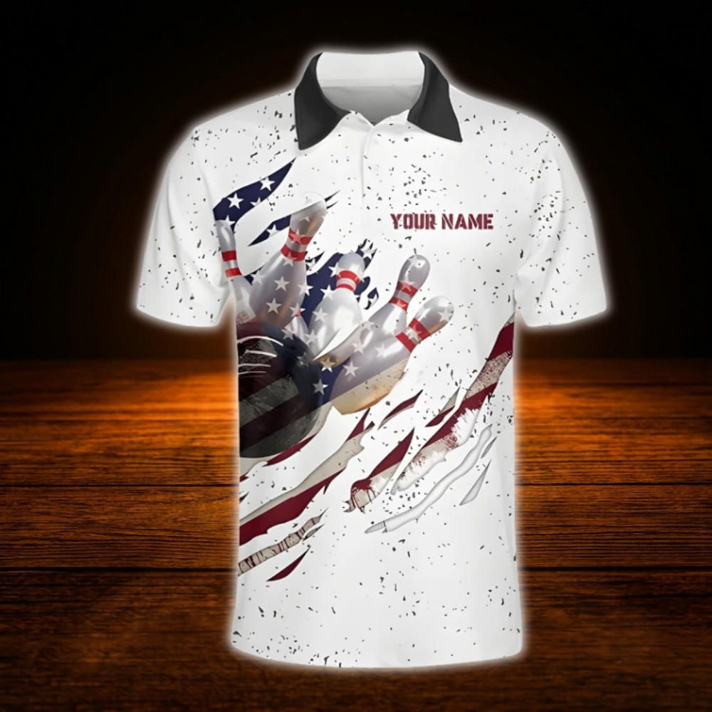 Custom American Flag White Grunge Bowling Polo Shirts For Men, Custom Patriotic Bowling Team Shirts