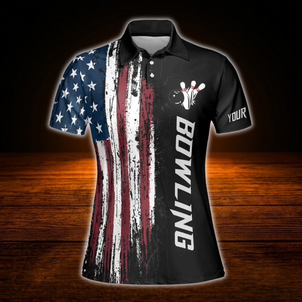 Custom American Flag Ladies Bowling Polo Shirts, Custom Patriotic Bowling Team Shirts For Women