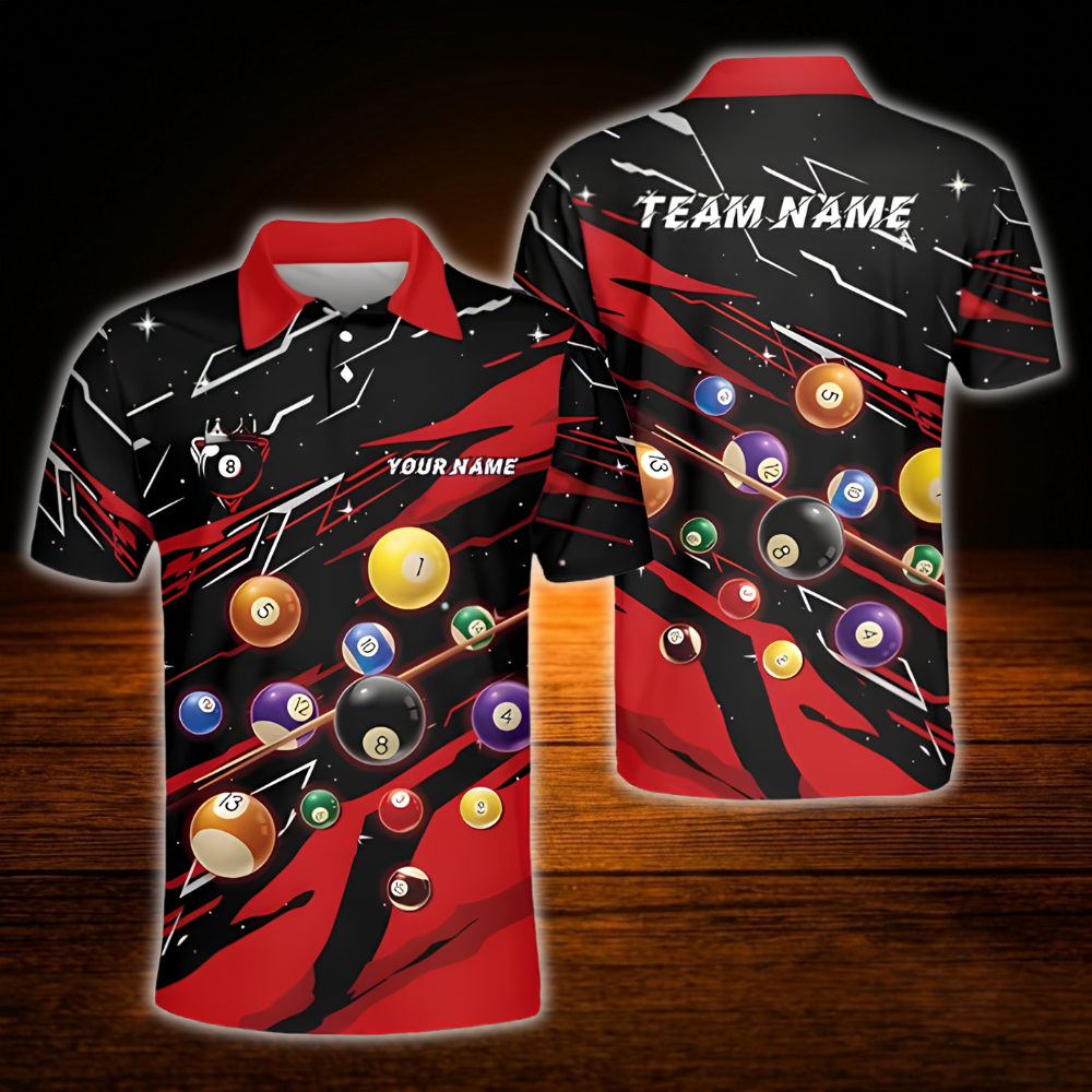Custom Team Billiard Men Polo Shirt Red And Black, Custom Billiard Shirt