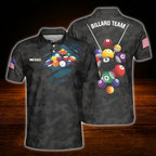Custom Camo Black Grey Billiard Men Polo Shirt, Custom Camo Billiard Team Shirt