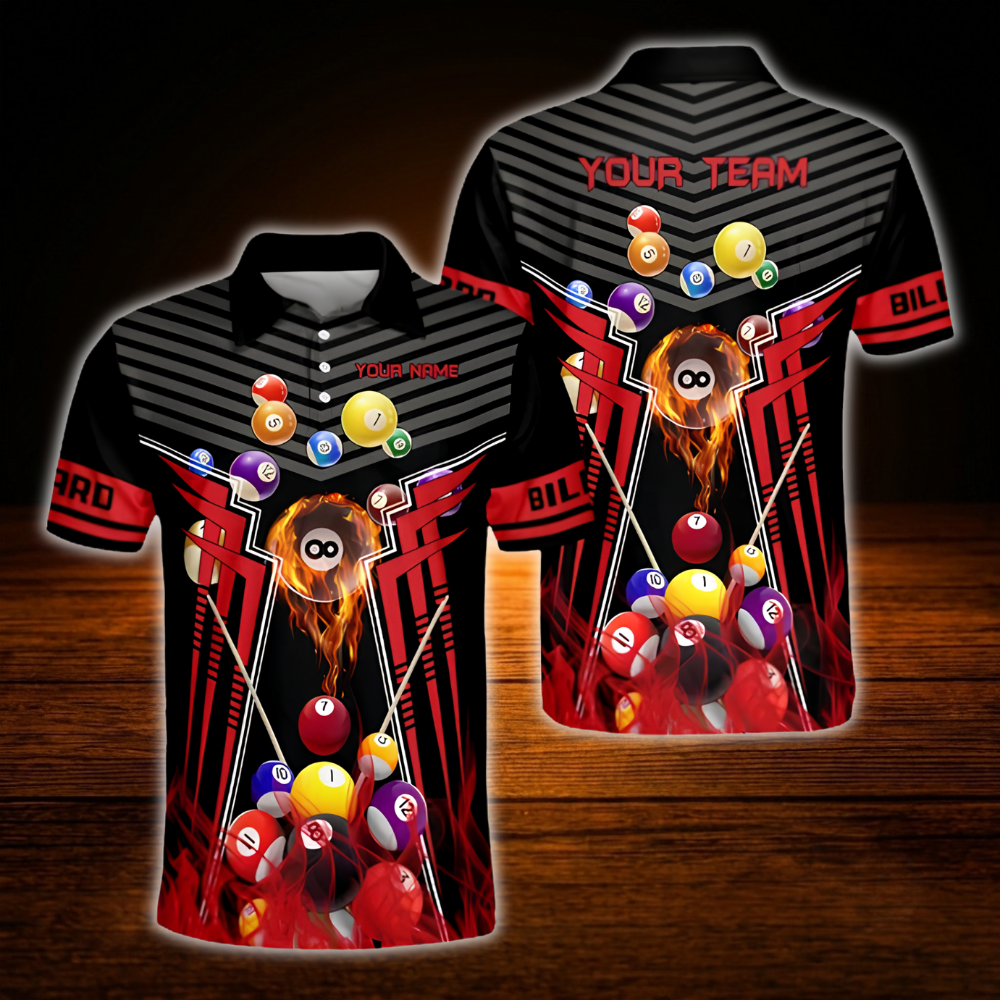 Custom Team Black And Red Billiard Polo Shirt For Men, Custom Billiard Shirts