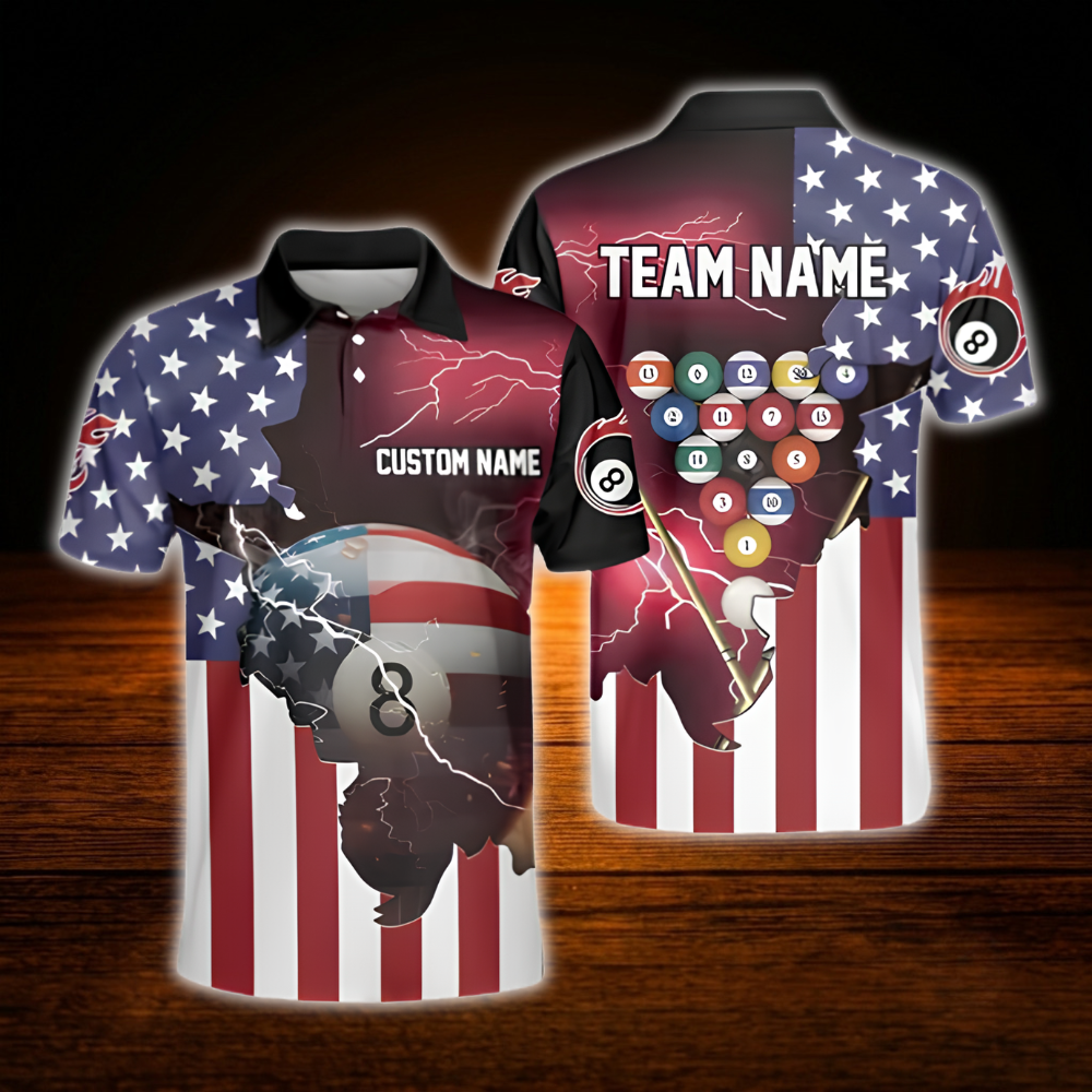 American Flag Custom Mens Billiard Polo Shirt For Men, Custom Patriotic Billiard Team Shirt