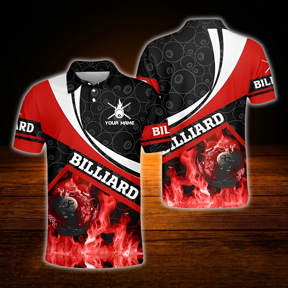 Custom Flaming Red Billiard Polo Shirt For Men, Custom Flame Billiard Shirt Team