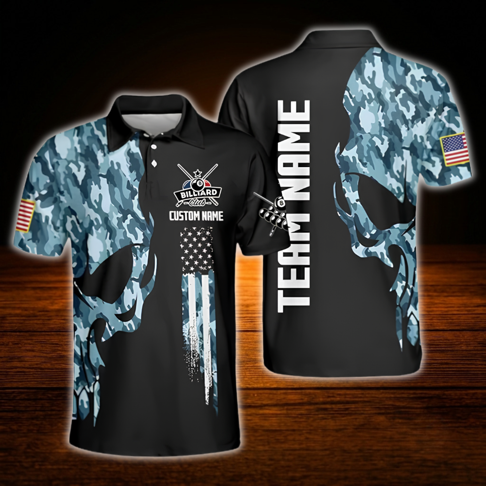 Custom Skull Blue Camouflage Billiard Polo Shirt For Men, Custom Skull Team Billiard Shirt