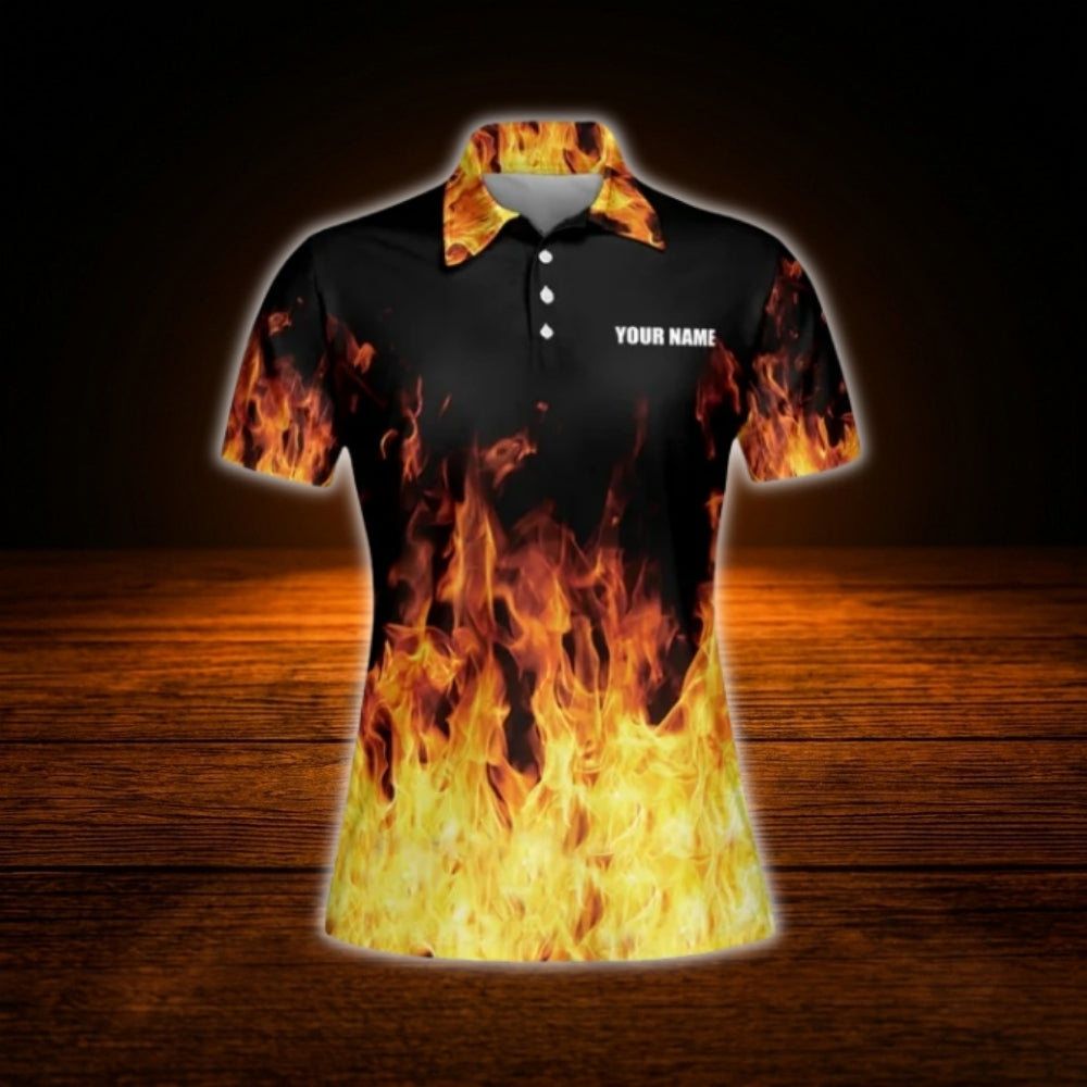 Custom Flame Orange Black Bowling Women Polo Shirt, Custom Flame Bowling Shirt For Team Ladies