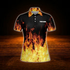 Custom Flame Orange Black Bowling Women Polo Shirt, Custom Flame Bowling Shirt For Team Ladies