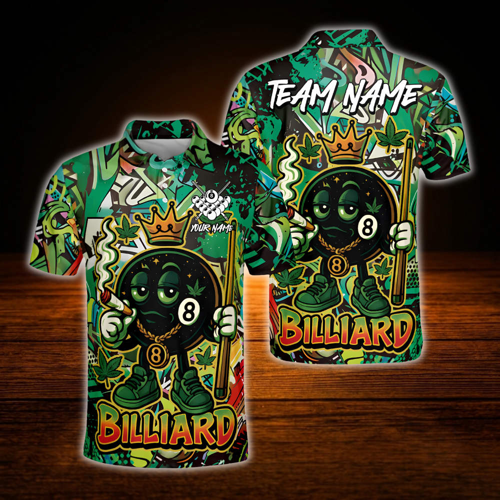 Custom Funny 8 Ball Smoking Men's Billiard Polo Shirt Green Graffiti, Custom 8 Ball Team Billiard Shirt
