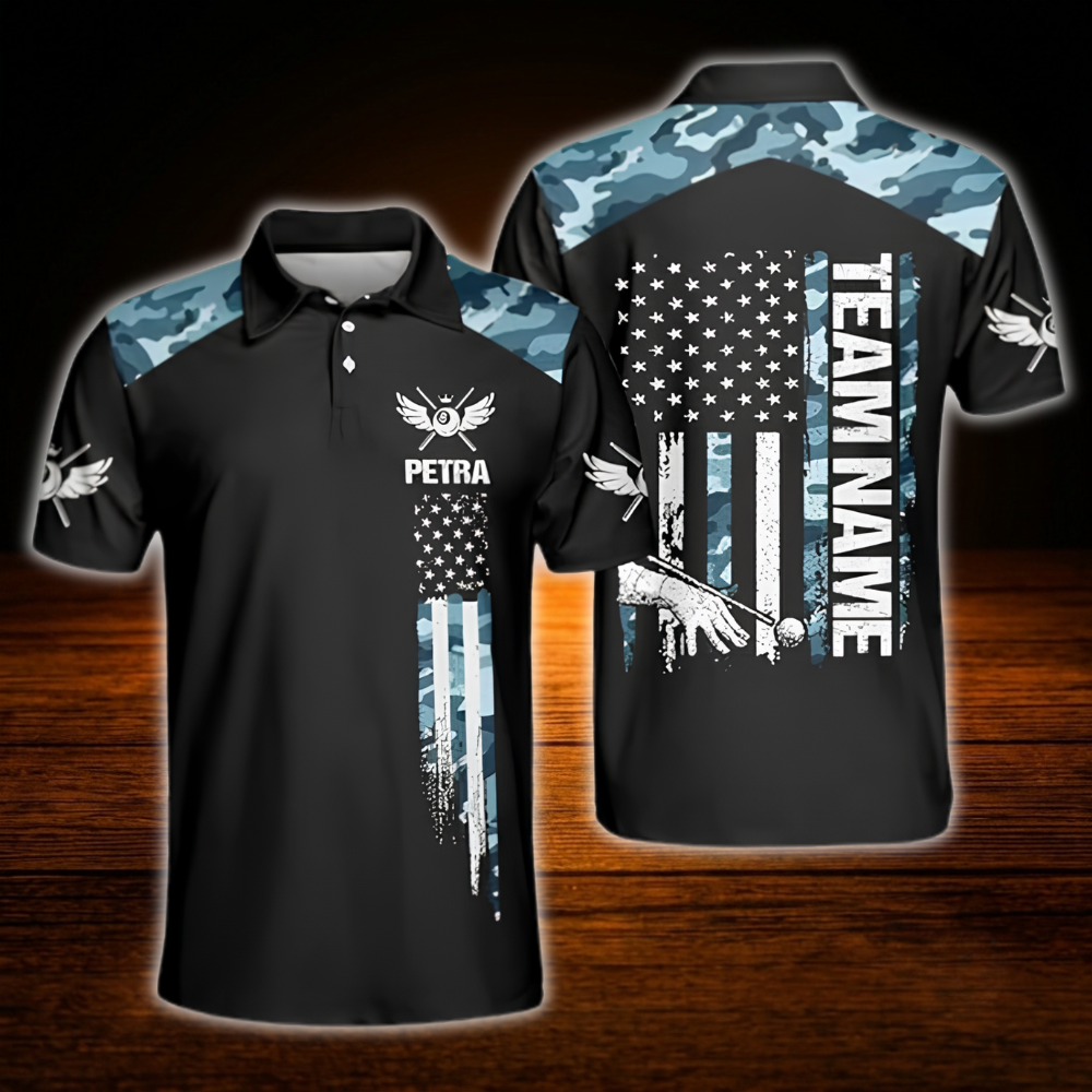 Custom Camouflage Blue Men's Billiard Polo Shirt, Custom Camo Billiard Shirt Team