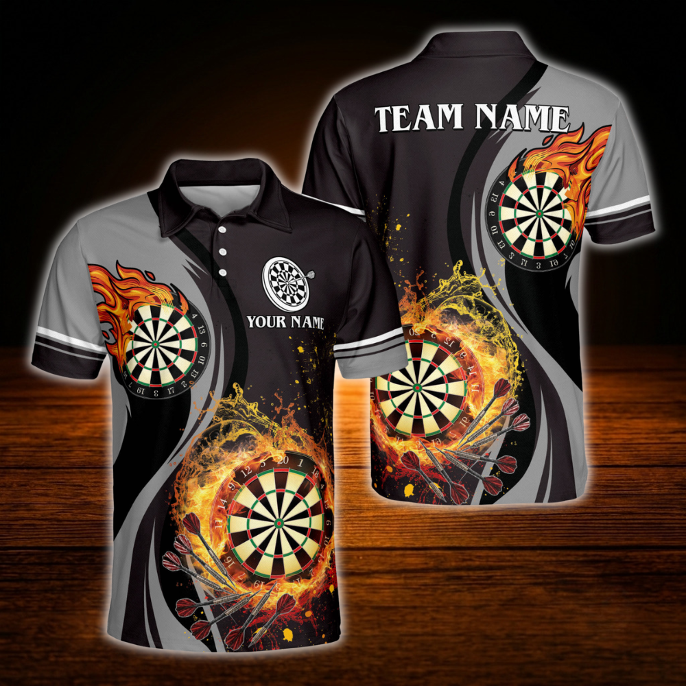 Custom Flaming Dartboard Men's Dart Polo Shirt, Personalized Flame Darts Shirt For Team