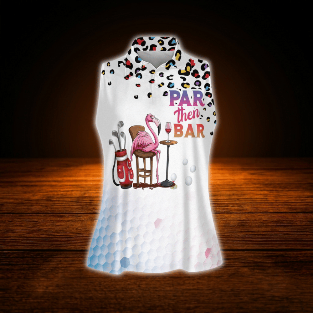 Par Then Bar Leopard Flamingo Sleeveless Golf Shirt For Women, Funny Flamingo Golf Shirts For Ladies