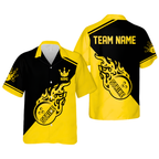 Custom Flame Strike Ball Red And Black Hawaiian Bowling Shirts For Men, Custom Flame Bowling Team Shirts BE0086