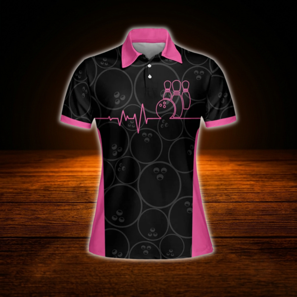 Custom Team Pink And Black Bowling Polo Shirts For Women, Custom Bowling Team Shirts For Women