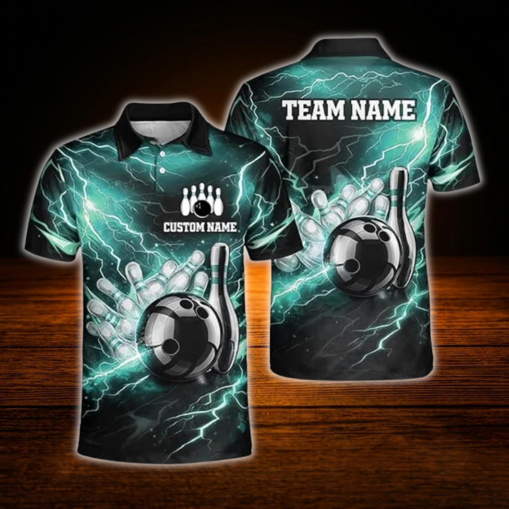 Custom Thunder Red Black Bowling Polo Shirts Mens, Custom Thunder Bowling Team Shirts