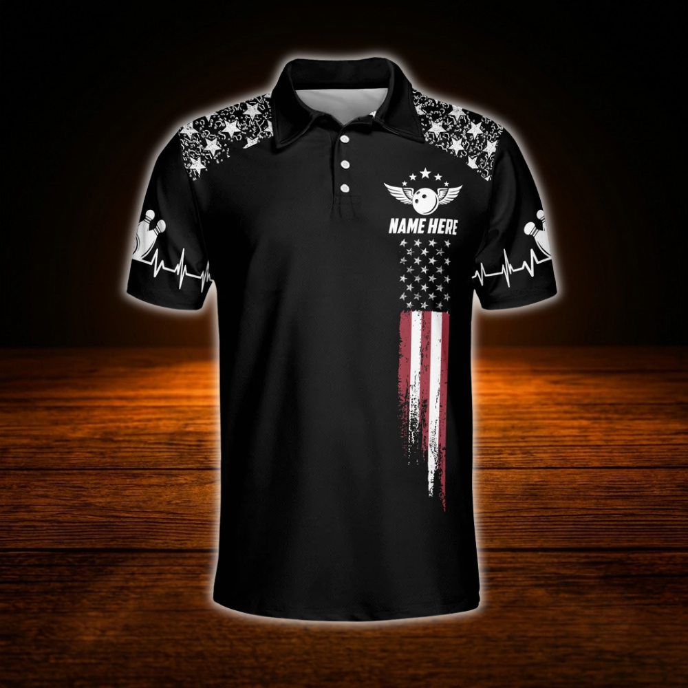 Custom American Flag Mens Bowling Polo Shirts, Custom Patriotic Bowling Team Shirts