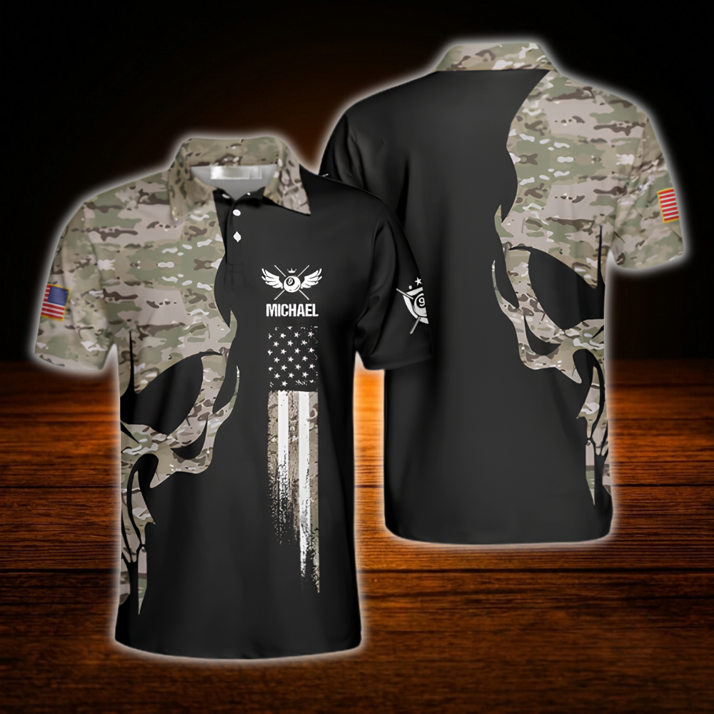 Custom Skull Camo Billiard Polo Shirt Men, Custom Skull Billiard Shirt