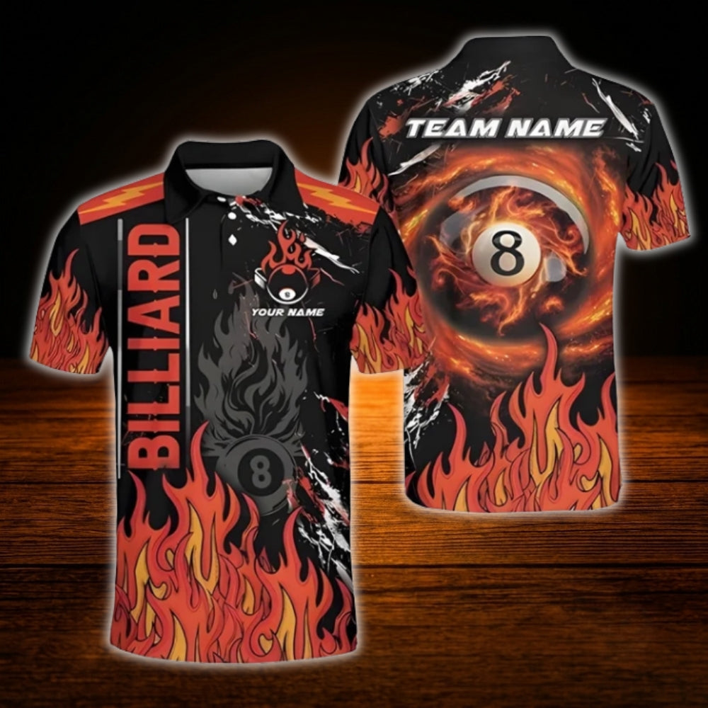 Custom 8 Ball Fire Billiard Men Polo Shirt Orange Black, Custom Flame Billiard Shirt For Team