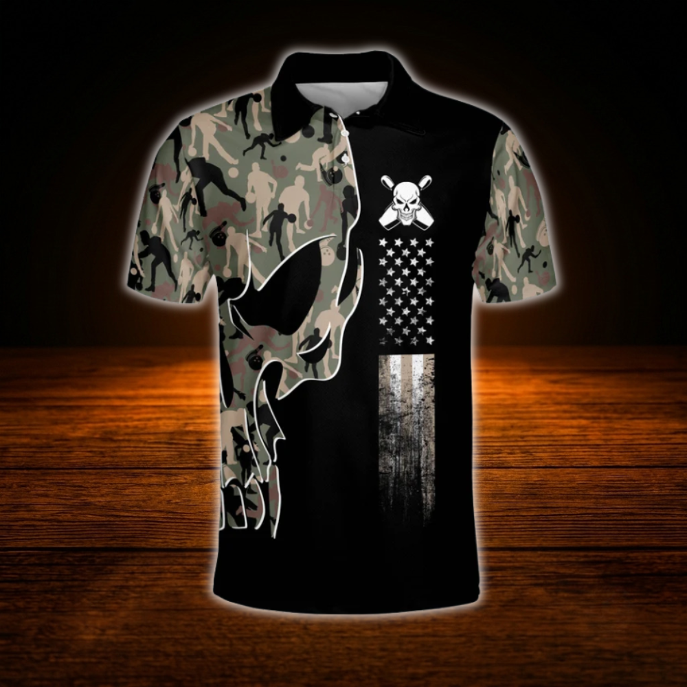 Custom Skull Camo Bowling Polo Shirts Mens, Custom Skull Bowling Team Shirts