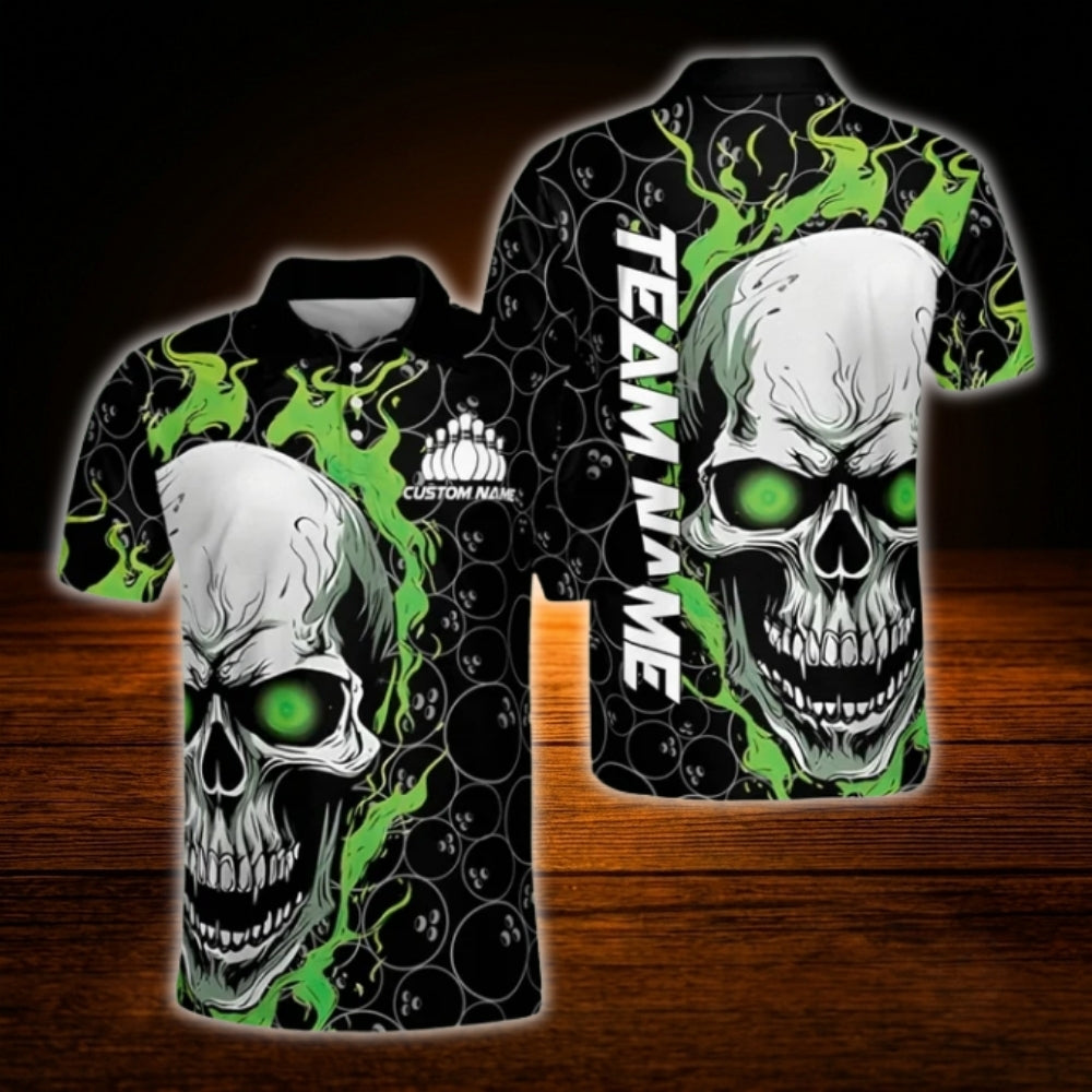 Custom Skull Green Flame Men's Bowling Polo Shirt, Custom Skull Bowling Shirt For Team
