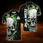 Custom Skull Green Flame Men's Bowling Polo Shirt, Custom Skull Bowling Shirt For Team