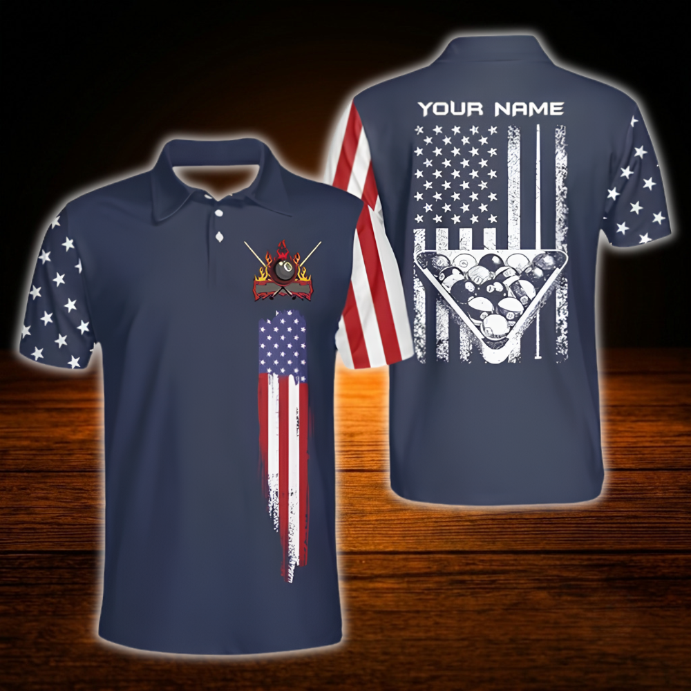 Custom USA Flag Navy Billiard Mens Polo Shirt, Custom Patriot Billiard Team Shirt