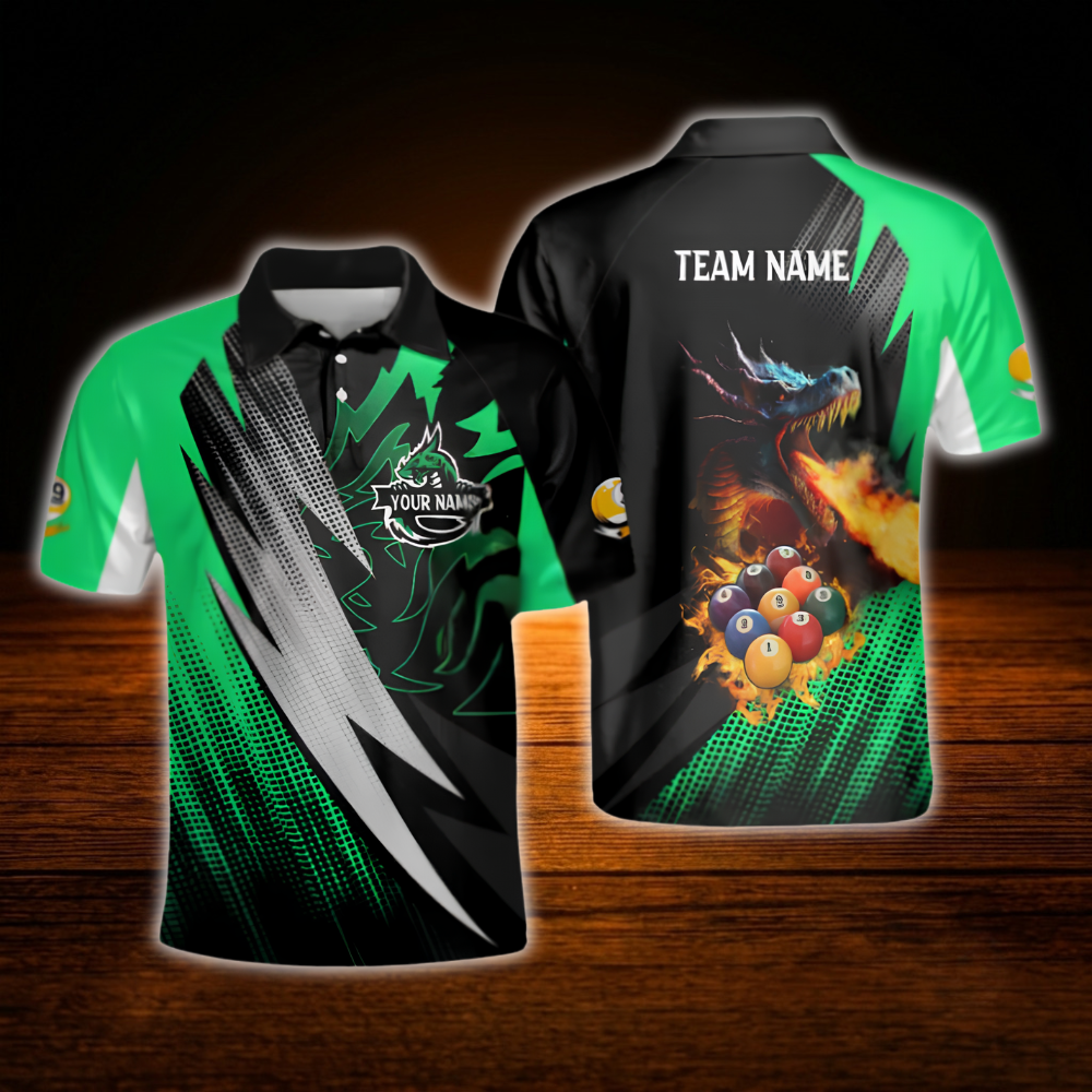 Custom Dragon Green Black Men's Billiard Polo Shirt, Custom Dragon Billiard Shirt For Team