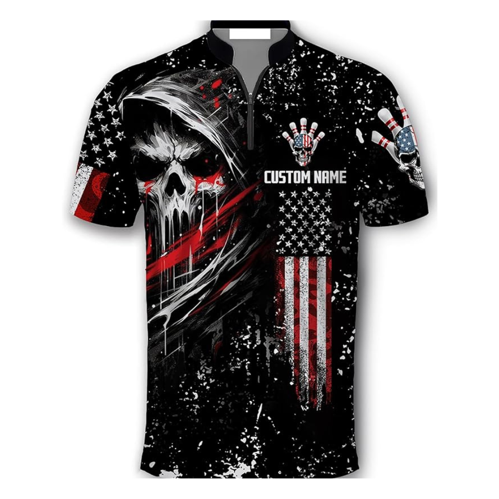 Custom Skull Black Bowling Jerseys Shirt For Men, Custom Skull American Flag Bowling Team Shirts BZ0290