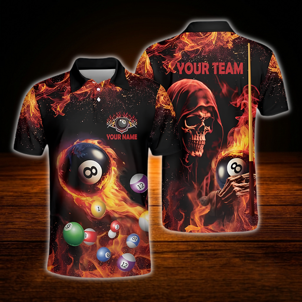 Custom Skeleton Fire Billiard Polo Shirt For Men, Custom Skull Billiard Team Shirt