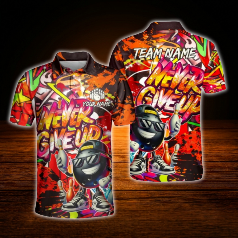 Custom Graffiti Never Give Up Bowling Polo Mens Shirts, Custom Graffiti Bowling Team Shirts