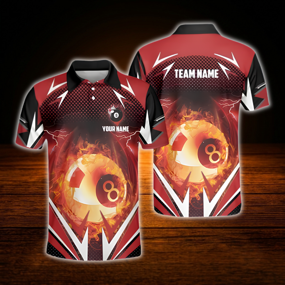 Custom Flaming 8 Ball Red Billirad Polo Shirt Men, Custom Flame Billiard Shirts For Team