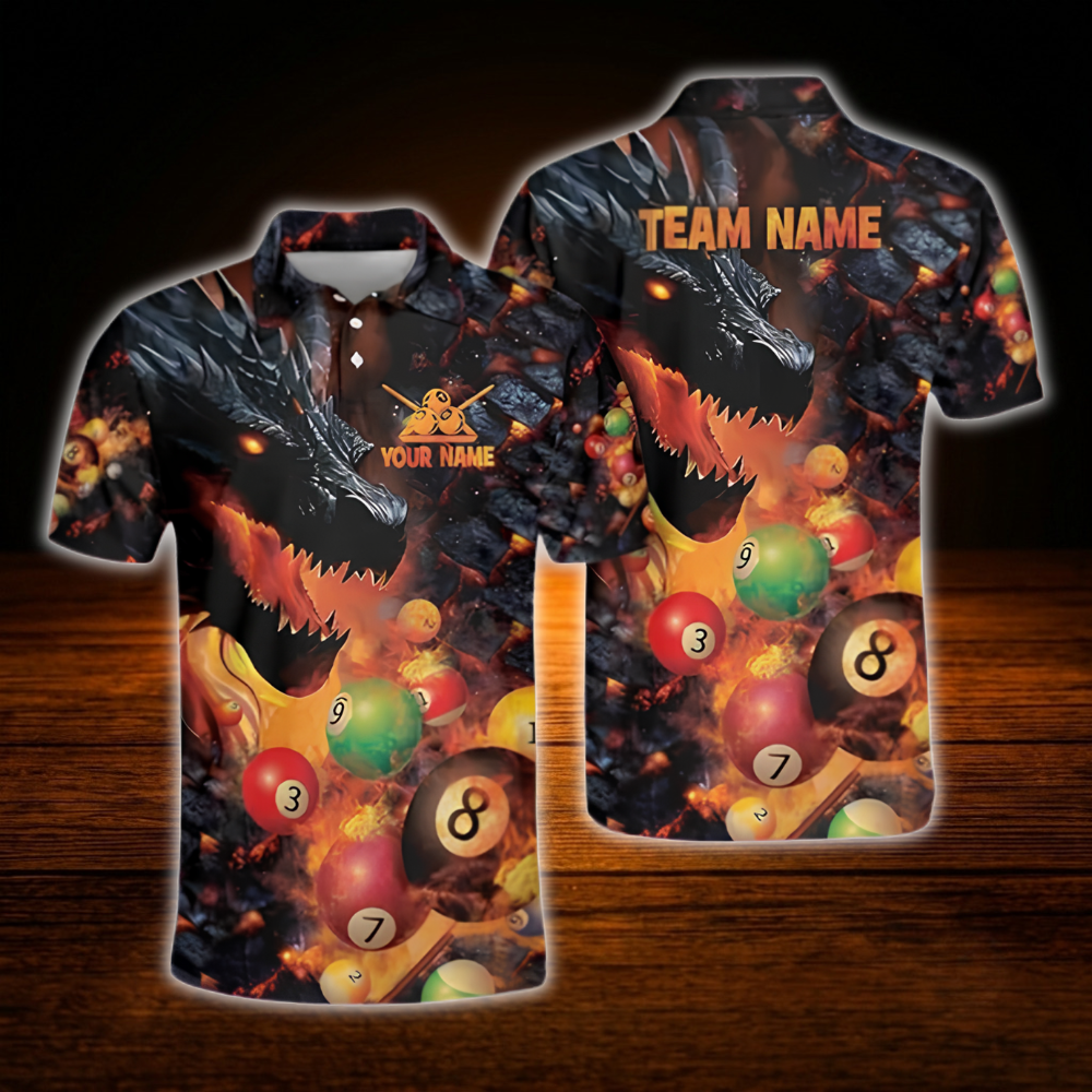 Custom Dragon Flaming Billiard Men Polo Shirt, Custom Dragon Billiard Shirt For Team