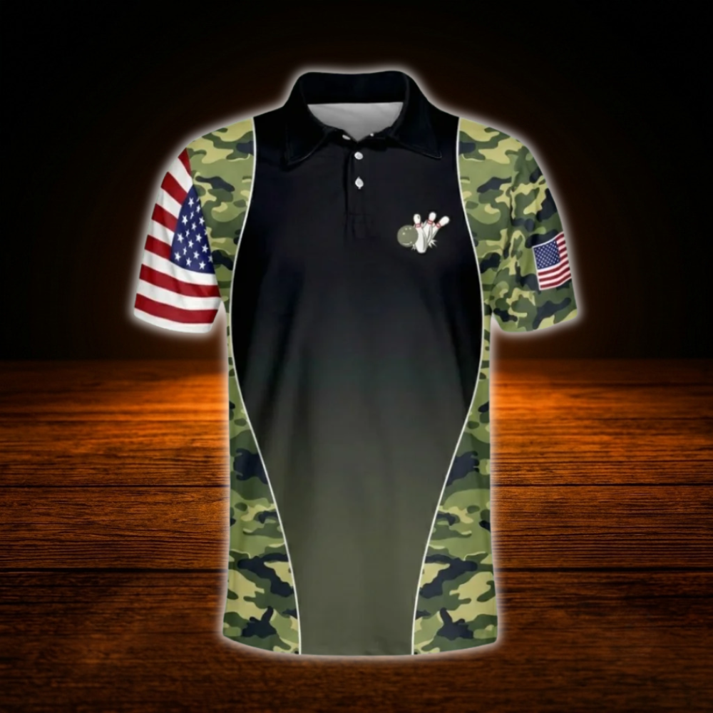 Custom Camo American Flag Mens Bowling Polo Shirts, Custom Camo Bowling Team Shirts