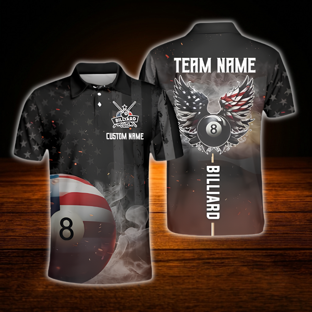 Custom 8 Ball USA Flag Smoke Billiard Polo Shirt, Custom Patriotic Billiard Shirt Team