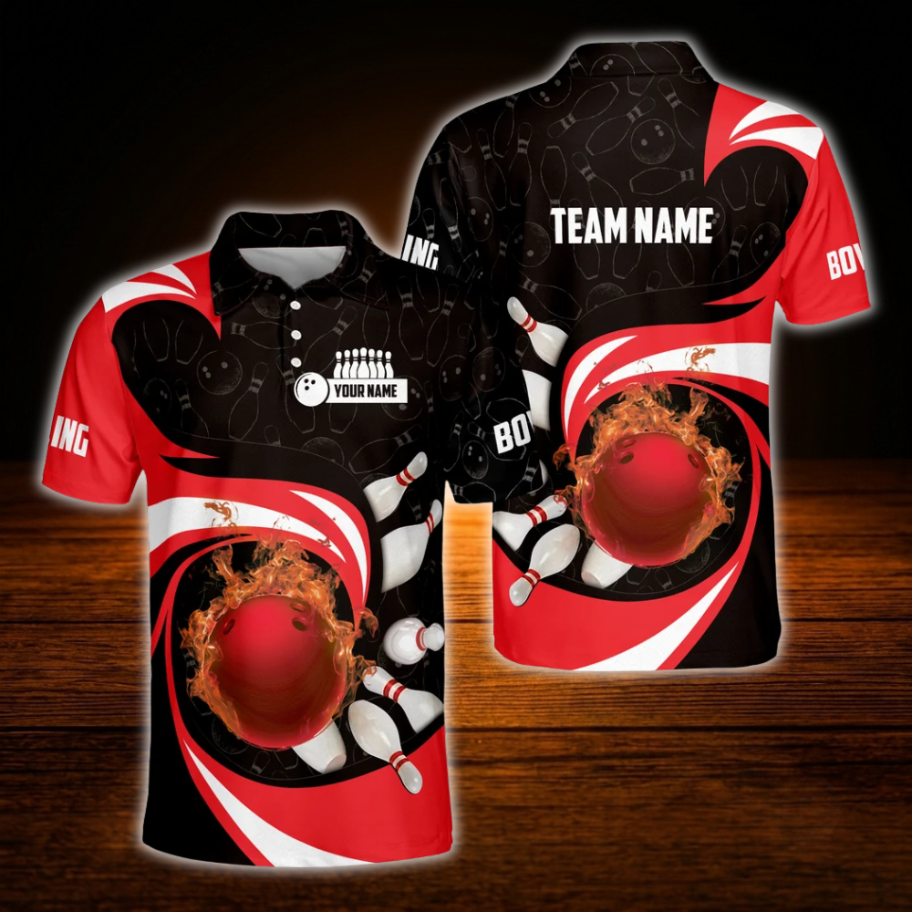 Custom Blue Flame Mens Bowling Polo Shirts, Custom Flame Bowling Team Shirts