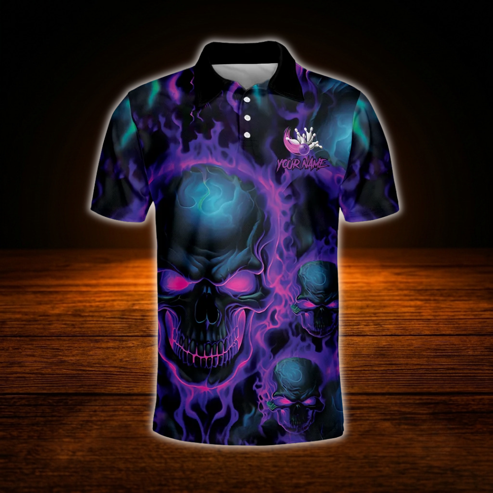 Custom Skull Purple Flame Mens Bowling Polo Shirts, Custom Skull Bowling Team Shirts