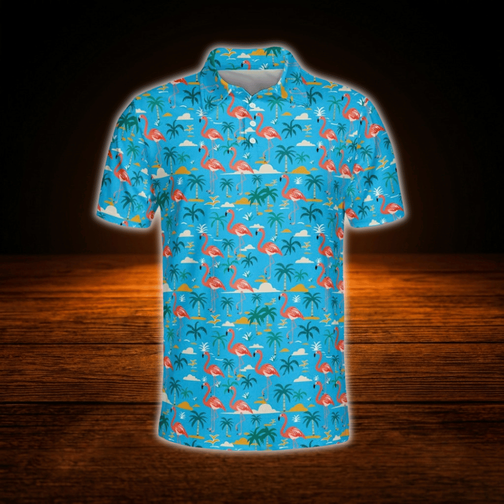 Flamingo Hawaii Blue Golf Polo Shirts Men's, Flamingo Golf Shirts