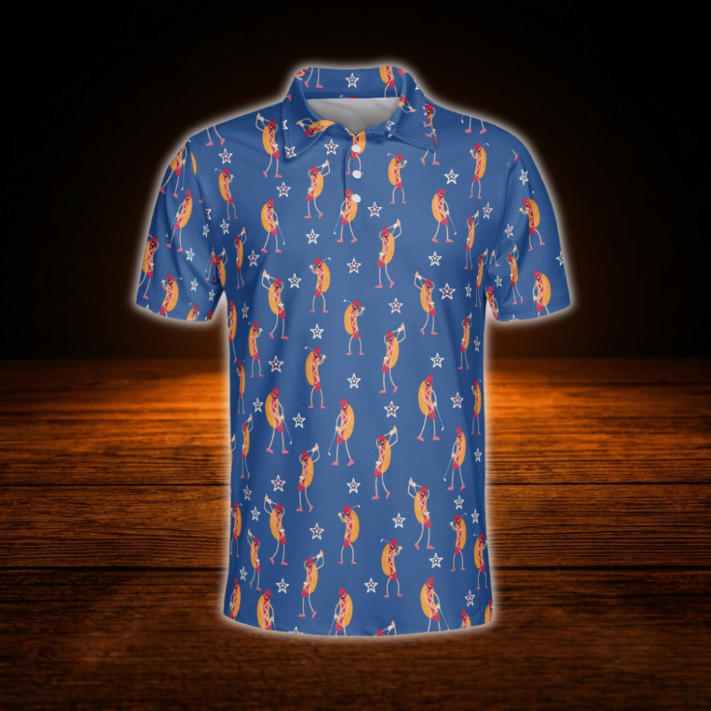 Funny Hot Dog Blue Polo Golf Shirt For Men, Hot Dog Golf Shirt
