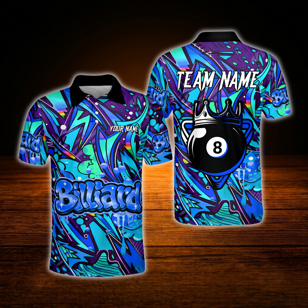 Custom Crown 8 Ball Graffiti Billiard Polo Shirt For Men, Custom 8 Ball Pool Team Shirt Graffiti