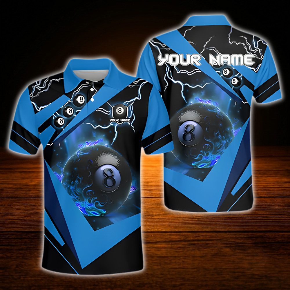 Custom 8 Ball Blue Thunder Billiard Polo Shirt Men, Custom 8 Ball Billiard Team Shirt