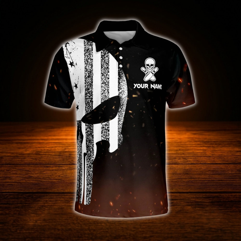 Custom Skull American Flag Bowling Polo Shirts For Men, Custom Skull Bowling Team Shirts