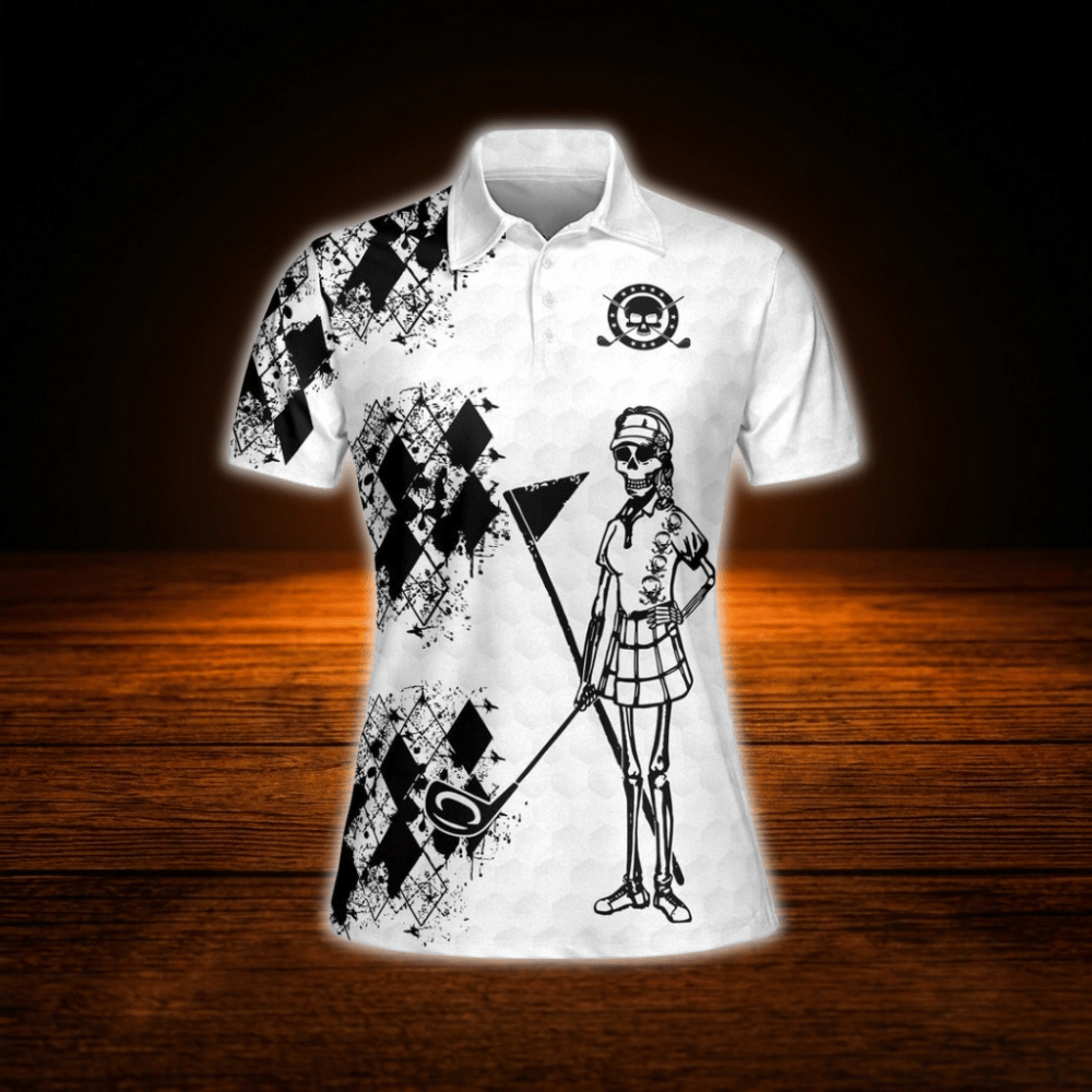 Swing Swear Repeat Black And White Skeleton Golf Polo Shirt For Women, Funny Skull Ladies Golf Shirt