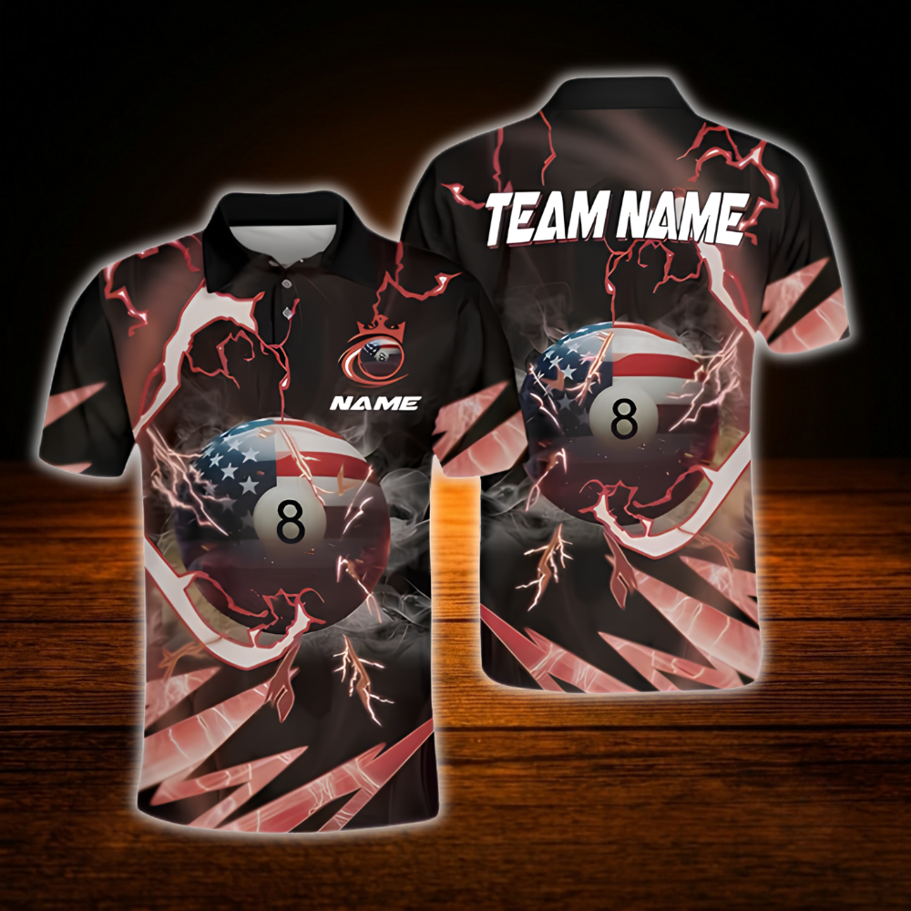 Custom USA Flag Thunder Men's Billiard Polo Shirt, Custom Patriotic Billiard Team Shirt