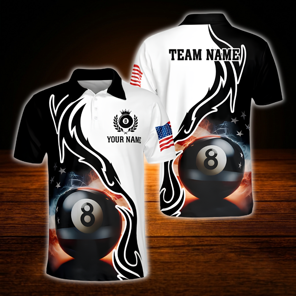 Custom American Flag 8 Ball Billiard Polo Shirt For Men, Custom Team Patriotic Billiard Shirt
