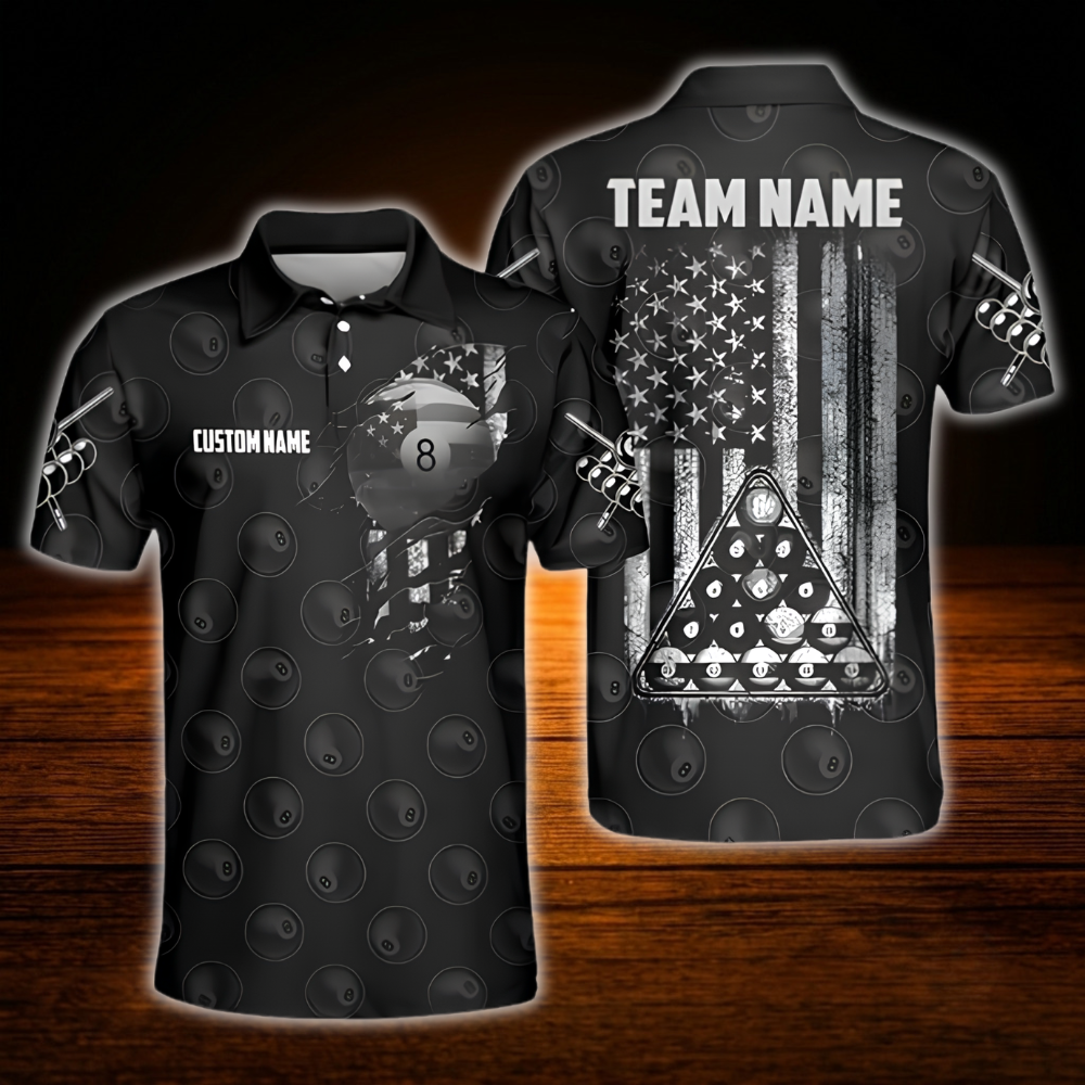 8 Ball USA Flag Custom Black Billiard Polo Shirt For Men, Custom Patriotic Billiard Shirt For Team