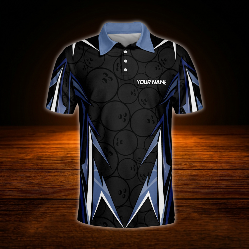 Custom Team Black And Blue Flame Bowling Polo Shirts For Men, Custom Bowling Shirt