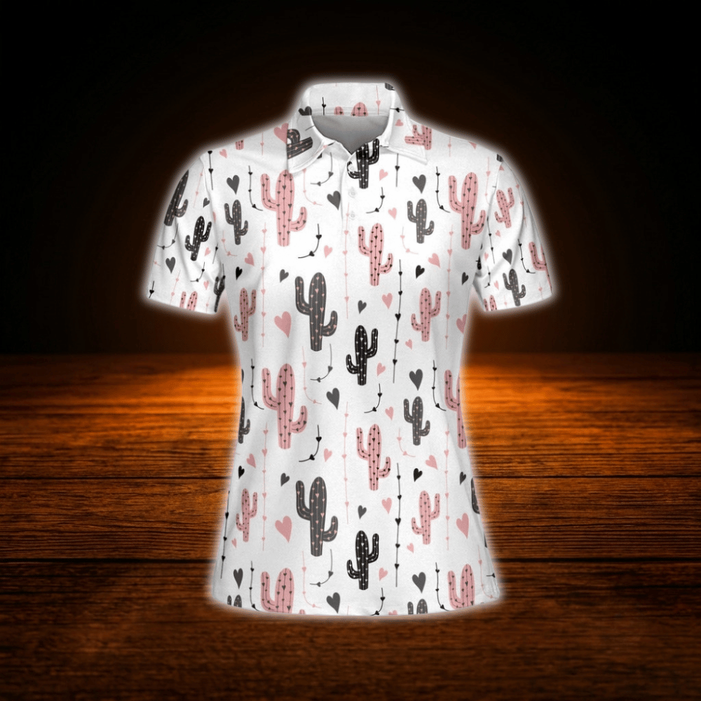 Cactus Heart Golf Polo Shirt For Women, Cactus Golf Shirts Woman
