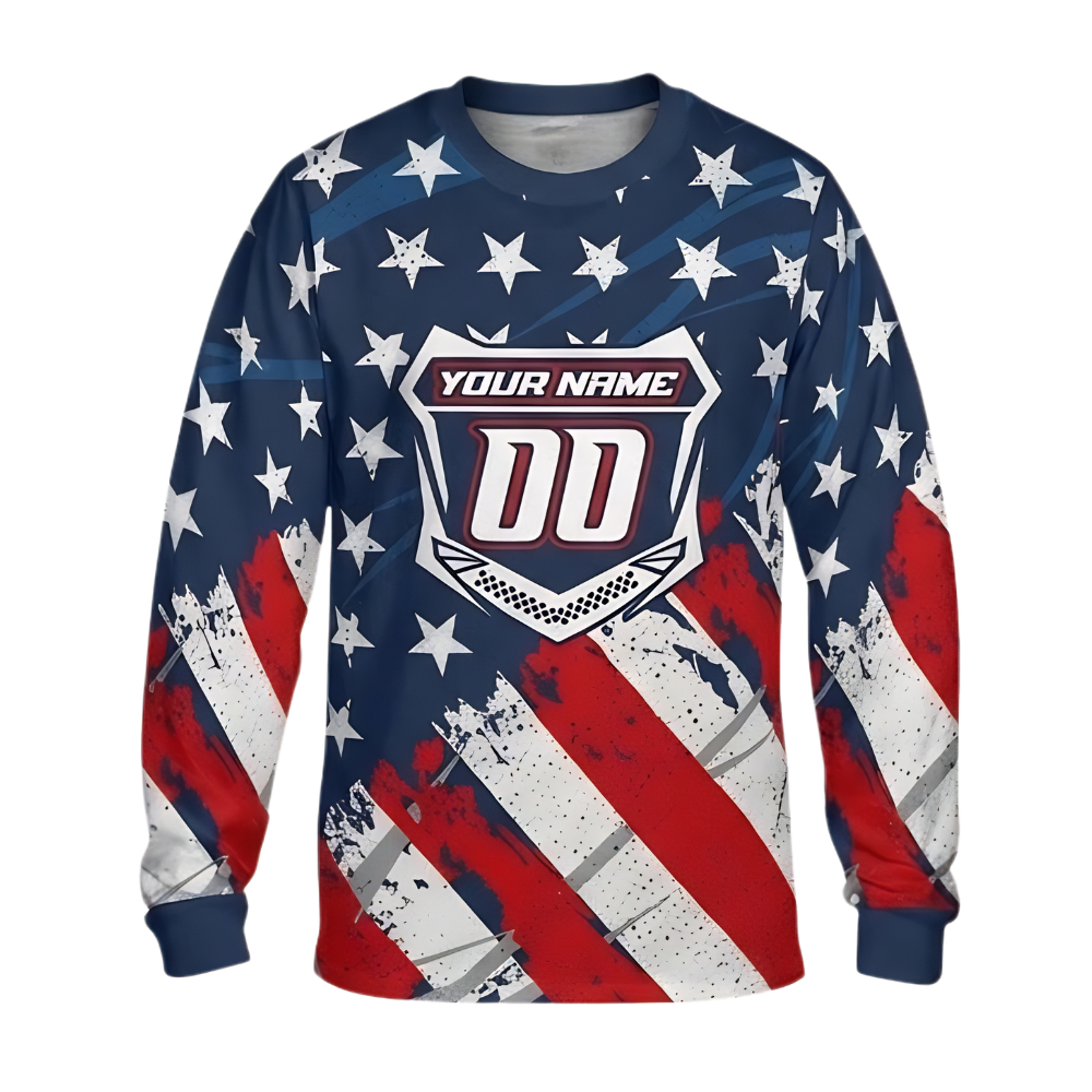Custom American Flag Dirt Bike Long Sleeve Jersey For Men, Custom Patriotic Dirt Bike Shirts ME0001