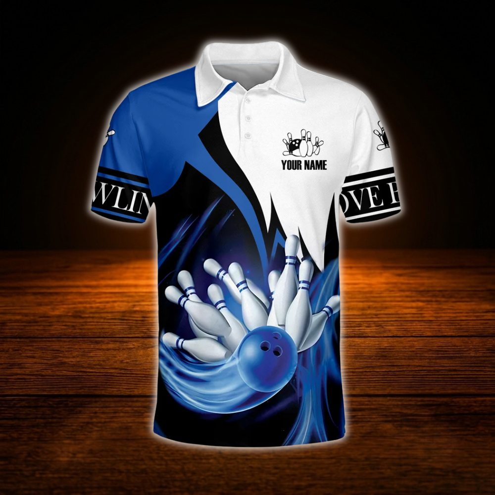 Custom Team Blue And White Bowling Polo Shirts For Men, Custom Bowling Team Shirts