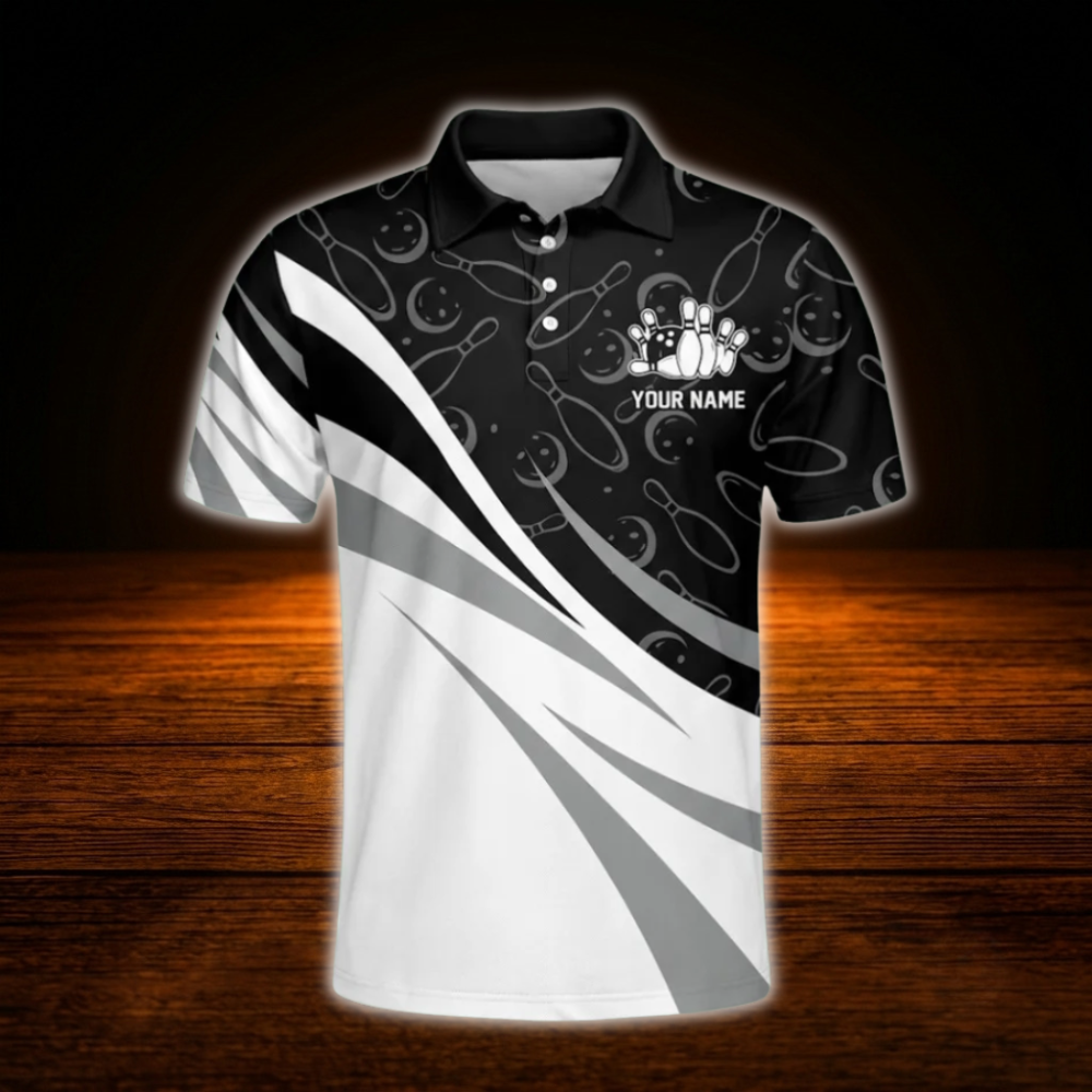Custom Team White Black Bowling Polo Shirts Mens, Custom Team Bowling Shirt
