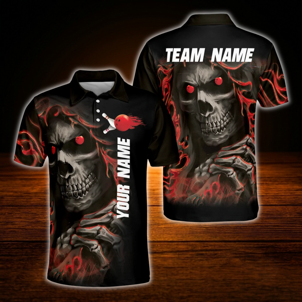 Custom Skull Green Black Mens Bowling Polo Shirts, Custom Skull Bowling Team Shirts